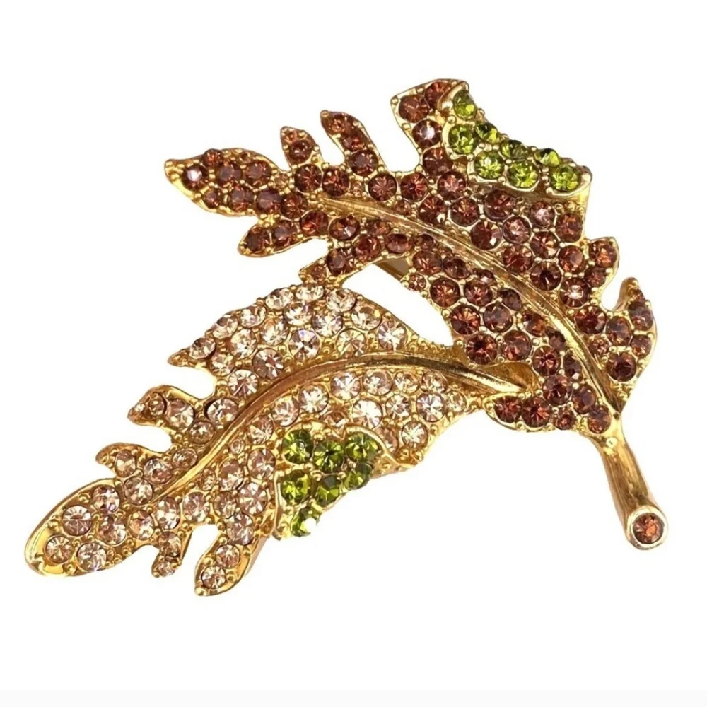 KJL Kenneth Jay Lane Vintage Jeweled Leaf Brooch Gold Tone Rhinestone Statement